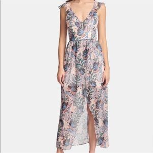 Guess Maxi Faux Wrap Dress Pink Floral Print Sleeveless V Neck | Size 10